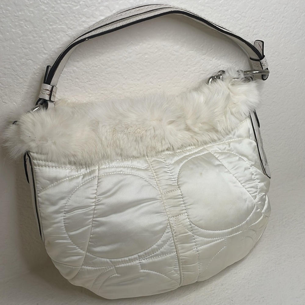 Vintage Y2K Coach Ivory Real Rabbit Fur-Trimmed Hobo Shoulder Bag - Picture 5 of 16
